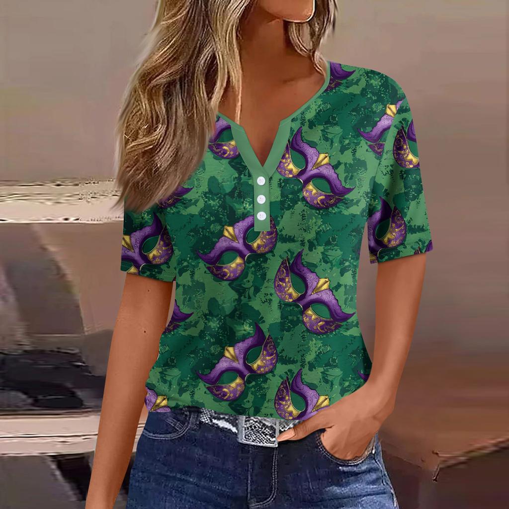 Damen-T-Shirt, T-Shirt, bedruckt, Knopfleiste, kurzärmelig, für den Alltag, Wochenende, modisch, Basic, V-Ausschnitt, normales Oberteil