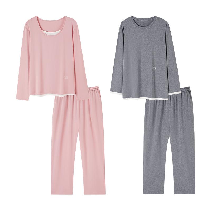 Super Soft Modal Cotton Couple Pajamas Men'S And Women'S Spring And Autumn Long Sleeve Belt Chest Pad Loungewear Set