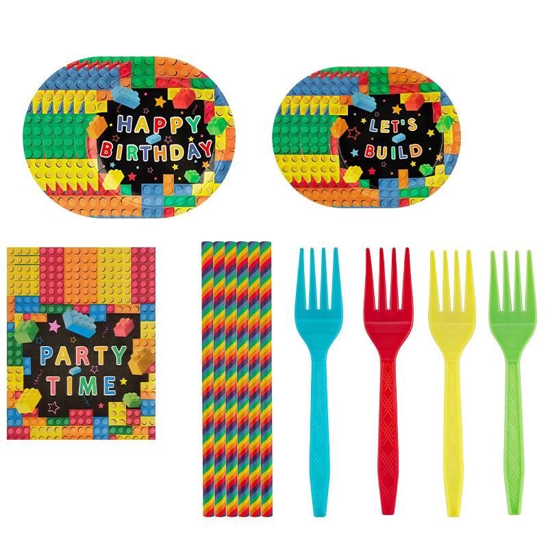 Building Block Theme Disposable Paper Tray Set Paper Towel Straw Fork Birthday Party Arrangement Supplies