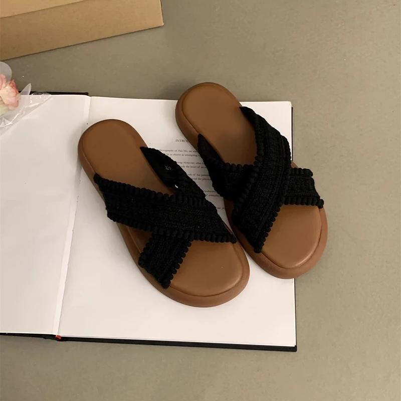 

Summers Women Flat Bottom Slipper Open Toe Summer Retro Woven Cross Bohemian Style Slides Casual Outside Casual Beach Slipper 35 чорний