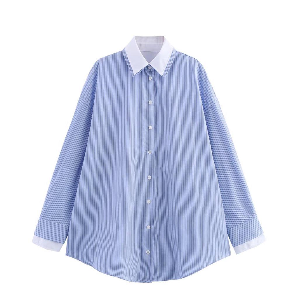 2025 Spring Women's European and American Style Poplin Patchwork Striped Shirt