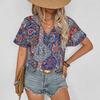 Casual V-neck Short Sleeved Top with Western Style Trend Printed Loose Women's T-shirts