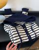 Women's Striped Color-Block Hooded Knit Cardigan - Fall/Winter Fashion - Cozy, Loose-Fit Long Sleeve Sweater