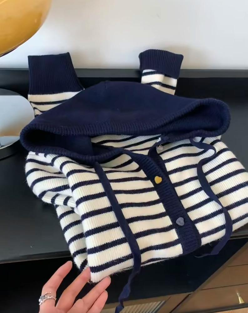 Women's Striped Color-Block Hooded Knit Cardigan - Fall/Winter Fashion - Cozy, Loose-Fit Long Sleeve Sweater