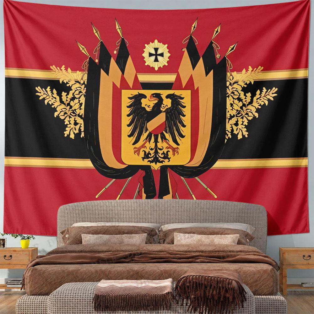 A yellow and black eagle crest surrounded by flags, leaves, and emblems. Patterned tapestry for bedroom and living room home decor