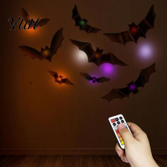 Festive Party Wall Accents 48Pcs Halloween Bats Decor, LED Light Up Bats, 12 Lights with Remote, Adhesive 3D Bat Stickers 6 Sizes for Indoor