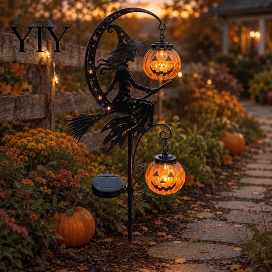 Metall-Kürbis-Deko für den Außenbereich, Halloween-Solar-Gartenstableuchte, Hexe-Mond-Laterne, Leuchtende Requisiten, IP44 Wasserdicht für Weg, Garten, Terrasse, Beleuchtete Schilder