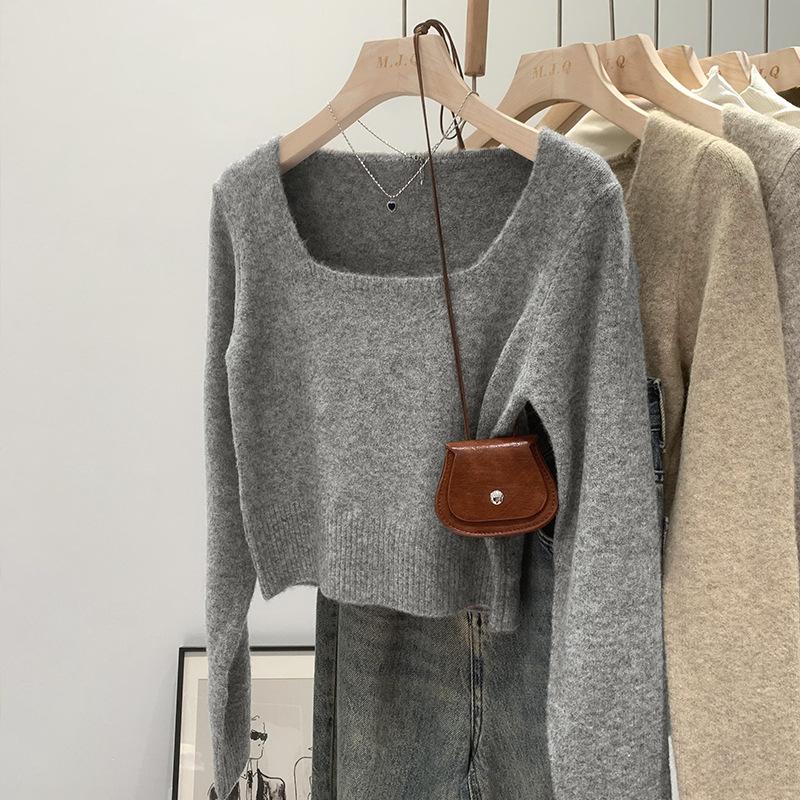 Kurzer weicher wachsartiger Pullover mit quadratischem Kragen für Damen, Herbst, neuer Pullover mit langen Ärmeln, Oberteil für kleine Personen, vielseitiges Unterhemd-Top