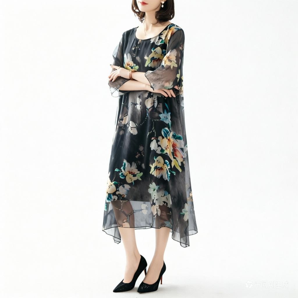 Middle-aged mother mesh dress 2026 summer new large-size women's clothing medium and long loose belly covering and thin skirt