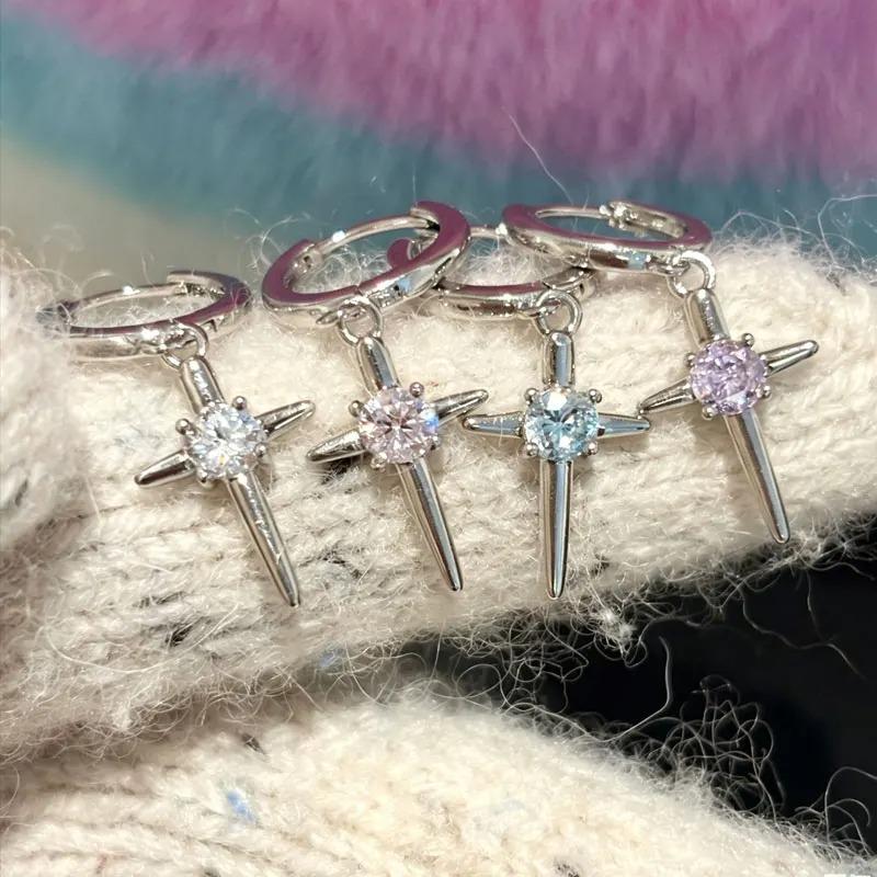 2pc/set Shiny Zircon Cross Star Earrings for Women Men New Fashion Stainless Steel Ear Bone Nail Ear Accessories Sparkle Jewelry
