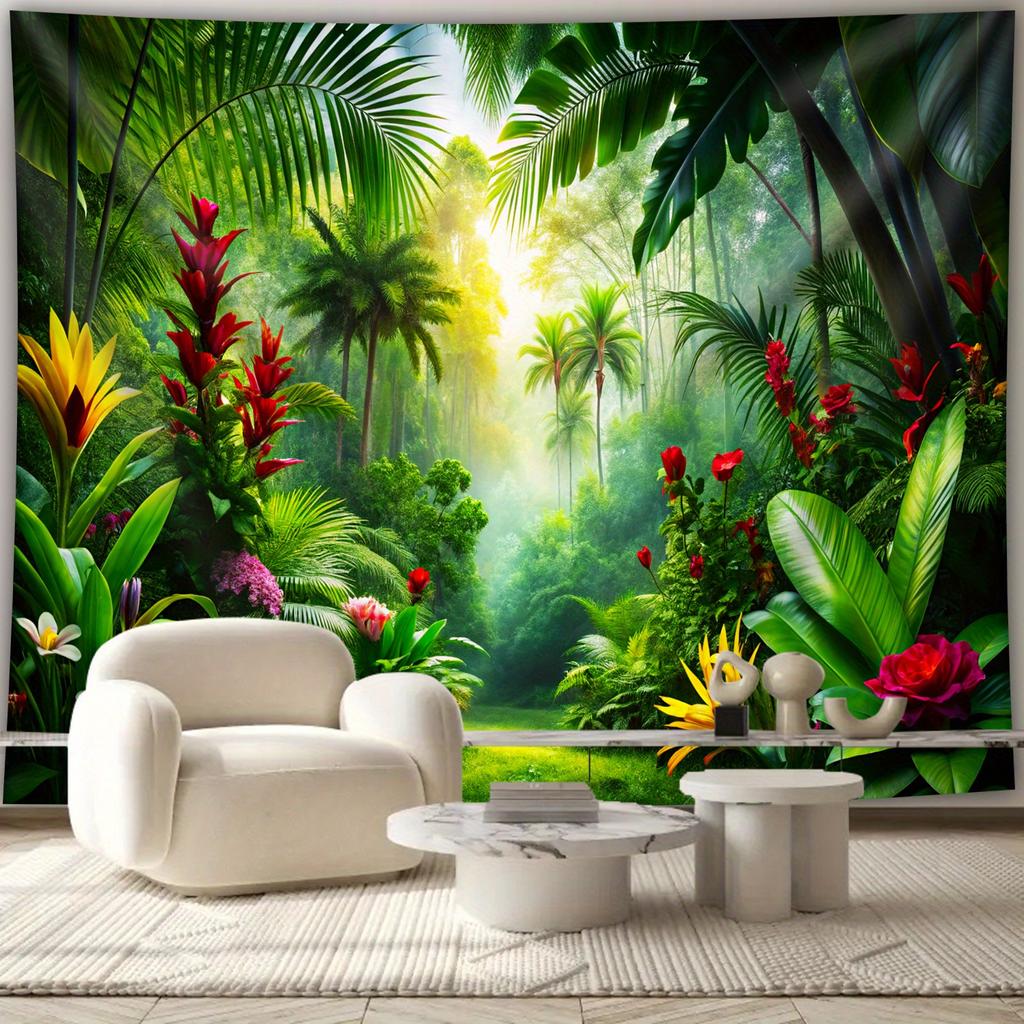 Tropical Rainforest Tapestry, Lush Jungle Plants And Colorful Flowers, Exotic Nature Wall Hanging For Living Room Bedroom