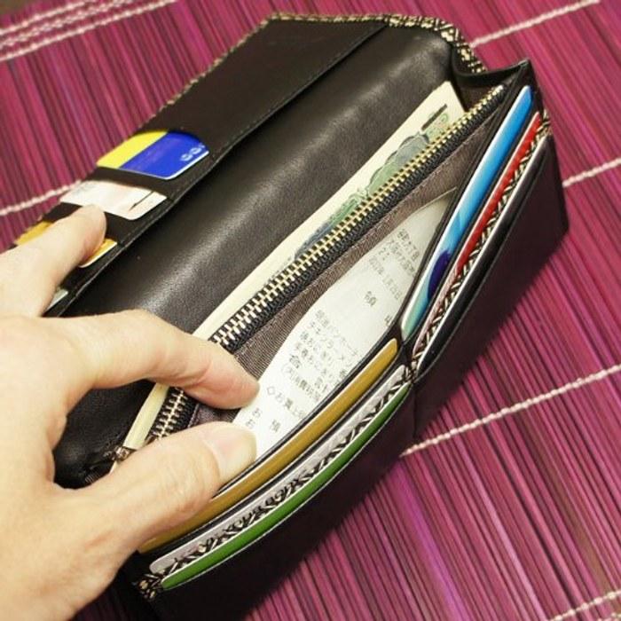 [Koto Inden] Japanese Leather Wallet Men's Long Wallet Thin Hyotan Unisex Inden Lacquer Traditional Japanese Pattern (Black)
