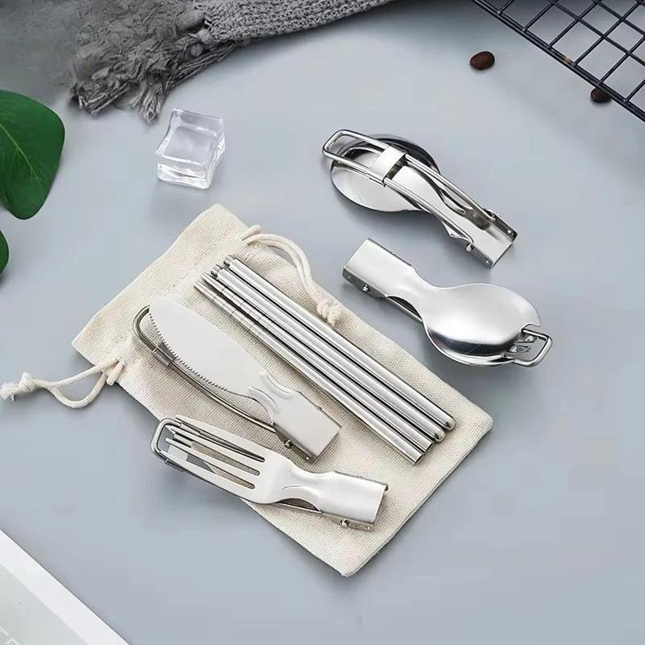 Creative Stainless Steel Folding Salad Spoon Fork Chopsticks Set Portable Outdoor Picnic Kitchen Tableware Household Supplies