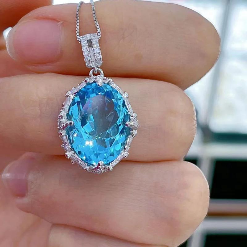 Sace Gems Natual Sky Blue Topaz Pendant 925 Sterling Silver Pendant Necklace for Women Everyday Party Fine Jewelry Gift