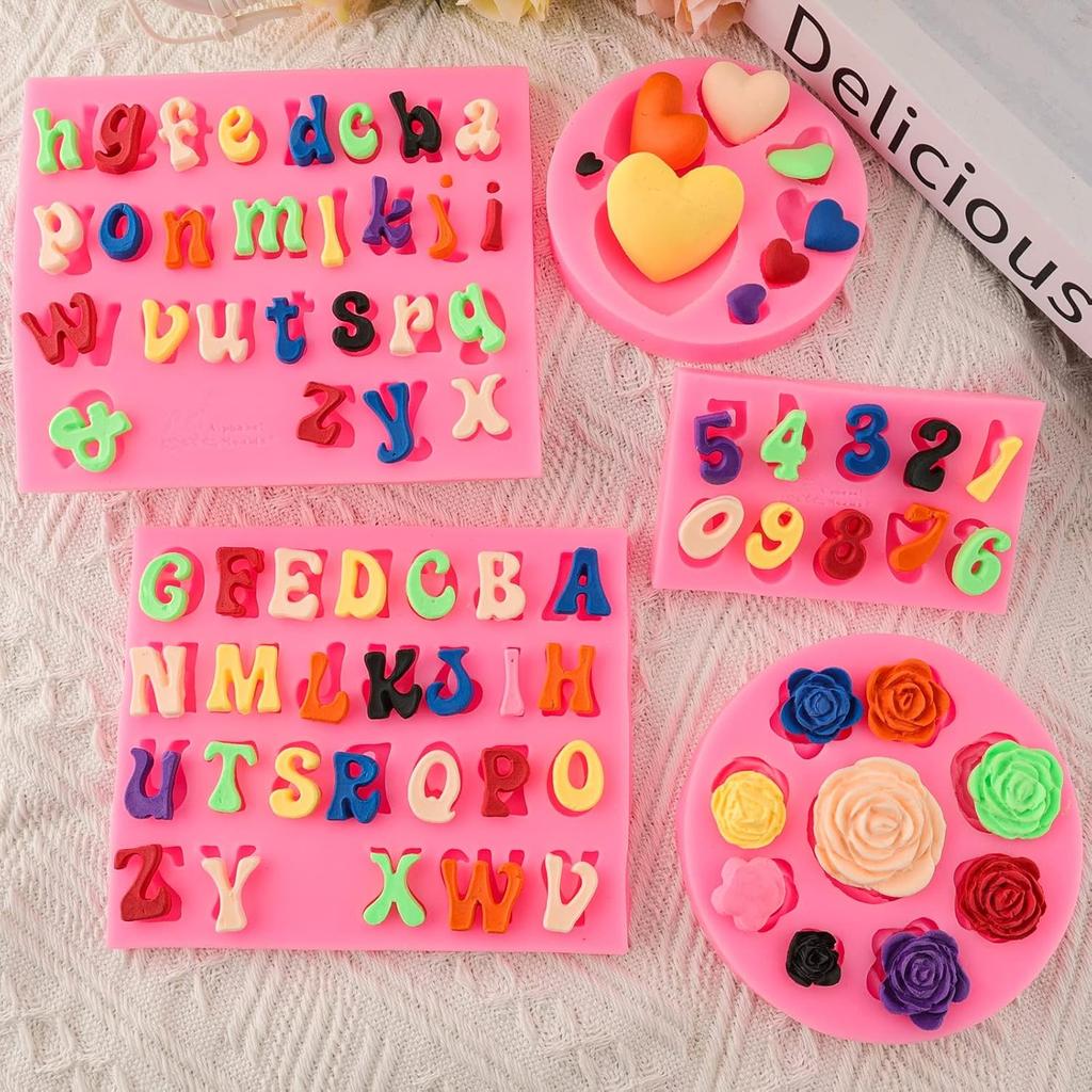 5-Piece Silicone Letter Number Mold Set, Heart Flower Chocolate Candy Clay Mold for Fudge Cake Decor