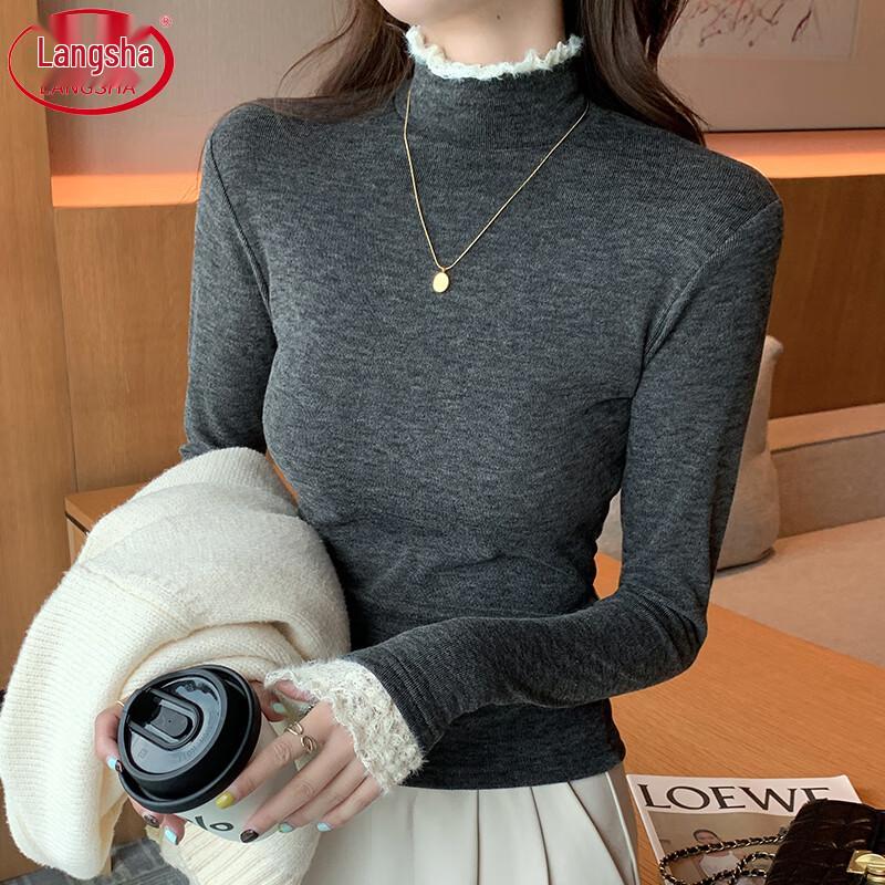 Women s Spliced Lace Semi-High Collar Thermal Top XL