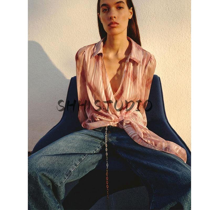 Spring New Women's Clothing Commute Style Print Long Sleeves Lapel Metallic Knot Shirt 2460146