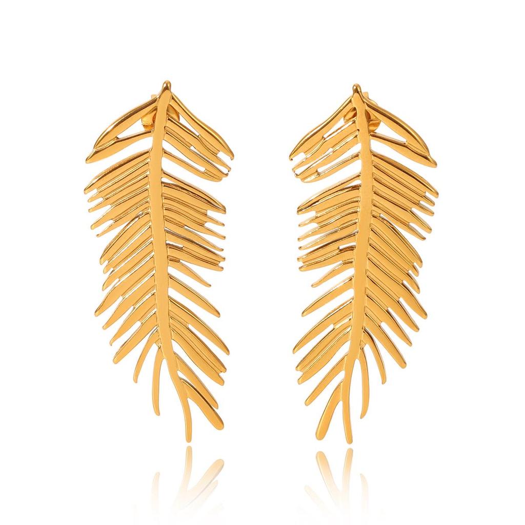European & American Leaf Feather Stainless Steel Long Dangle Earrings - Stylish, Versatile, Light Luxury Jewelry for Women.