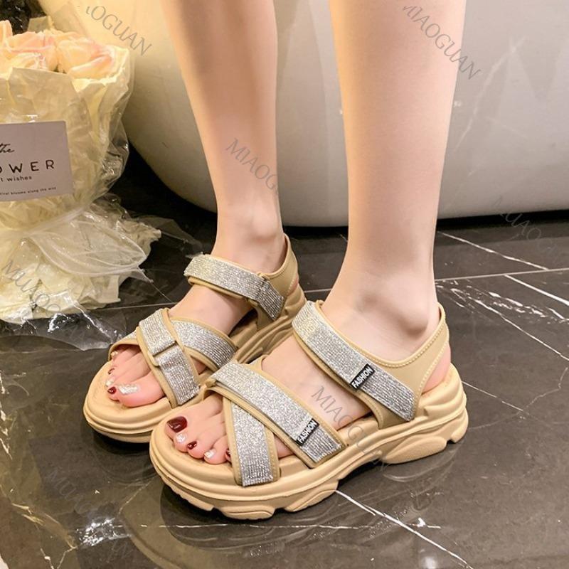 Fashion College Style Sports Sandals Women 2025 New Summer Thick Bottom Open Toe Fashion Women Shoes Rhinestone Casual Beach Sandales