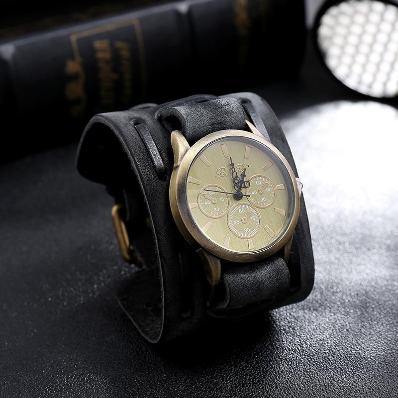 Men'S Watches Punk Retro Decorative Wide Strap Watch Male Reloj Clock Leather Bracelet Quartz Military Man Wristwatch