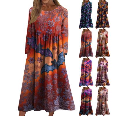 Women's Casual -neck Halloween Print Mid-length Dress Long-sleeved Dress With Pocket