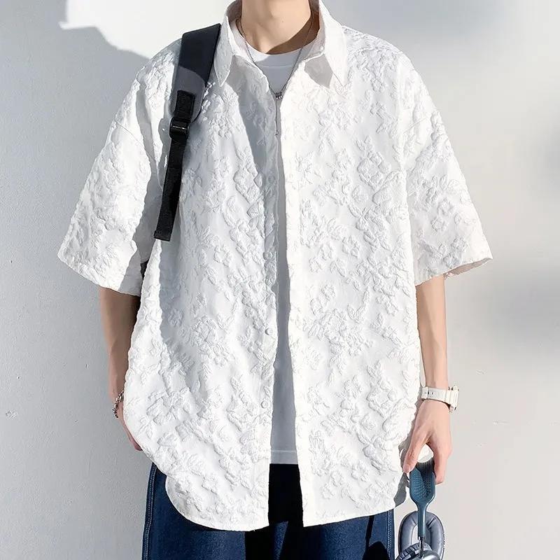 Fashionable Japanese High-end Jacquard Black Shirt Men's Short-sleeved Loose American Retro Button Cardigan Top