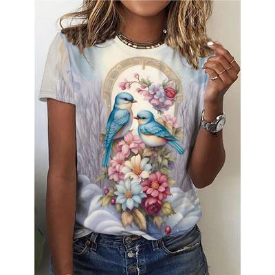 Birds On Flowers Print T-shirt, Casual Crew Neck Short Sleeve Top For Spring & Summer, Women's Clothing