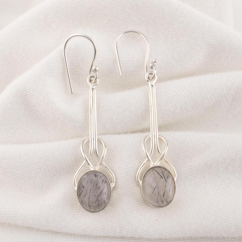 Black Rutile Earrings, Handmade Gemstone Earrings, 925 Solid Sterling Silver Earrings Antique Jewelry, For Anniversary Gift