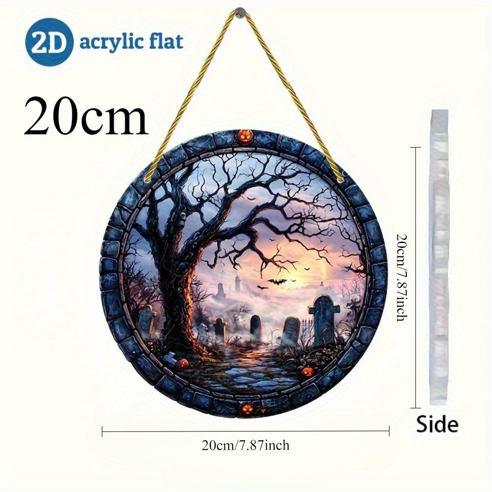 2D flat round acrylic pendant, Halloween cemetery bat and pumpkin pattern art decoration plaque, for window, wall, porch, classroom, yard  decoration