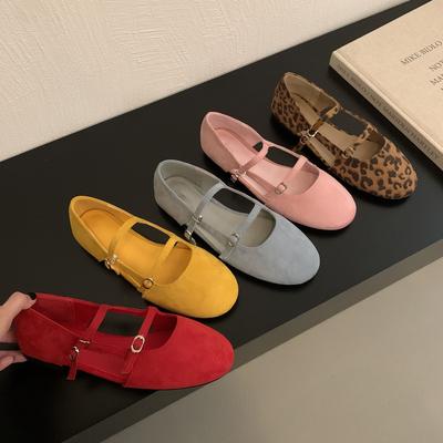 French Suede Hollow Mary Jane Shoes 2025 Spring and Summer One-word Buckle Belt Hollow Flat Soft-soled Ballet Shoes