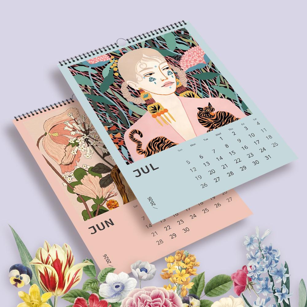 1 buc Calendar de perete 2026, Seria Fată Florală Desenată Manual, 12 Designuri Frumoase, Cadou Perfect pentru Ziua de Naștere, Crăciun, Anul Nou