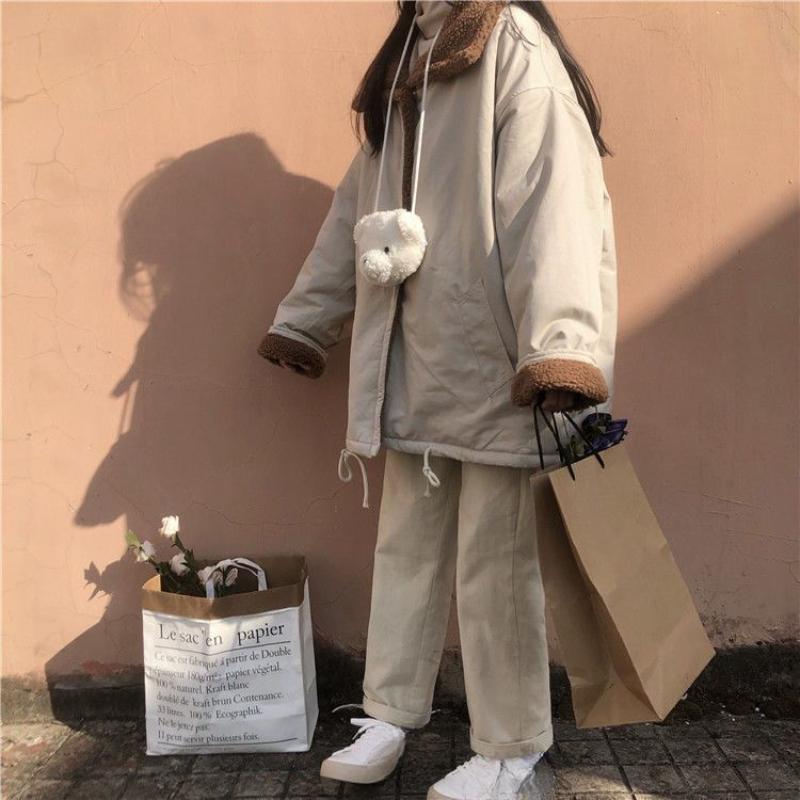 Winter Korean Sweet Warm Lamb Wool Coat Women Chic Cute Two Sided Wear Patchwork Thick Clothes College Style Casual Fashion Outerwear