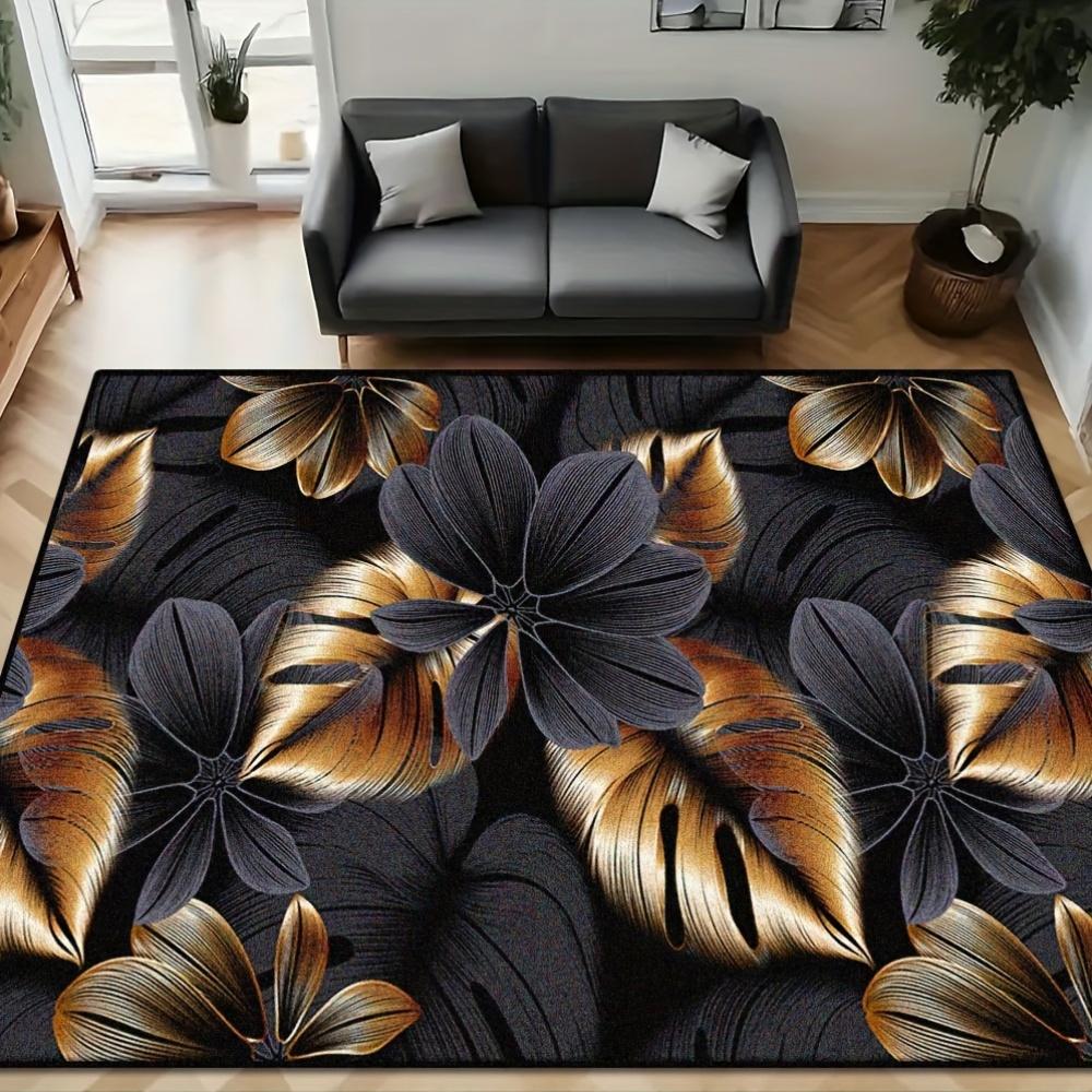 1pc Black Flower Patterned Cashmere Rug, Machine Washable, Non-Slip, Soft Foot Pads, Ideal for Both Indoor And Outdoor Use