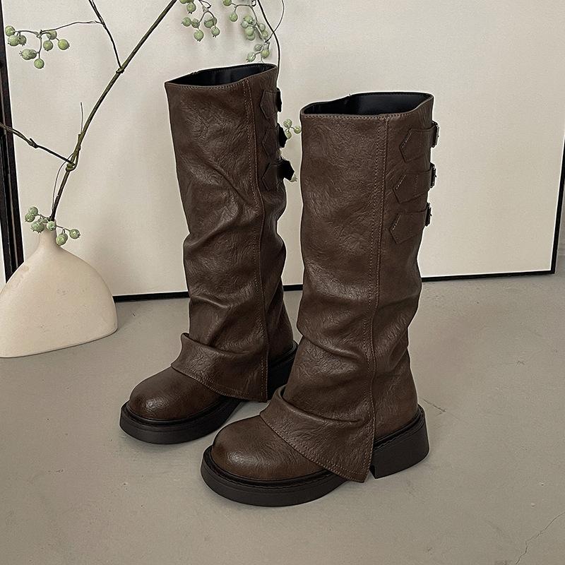 

European and American spice girls thick-bottomed street versatile wrinkled women autumn and winter fashion retro design sense travel style fashion 40 коричневый