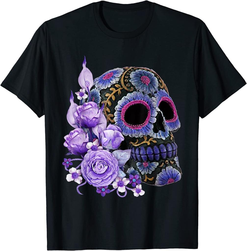 NEW LIMITED Purple Floral Black Sugar Skull Fun Gifts Tee T-Shirt S-5XL