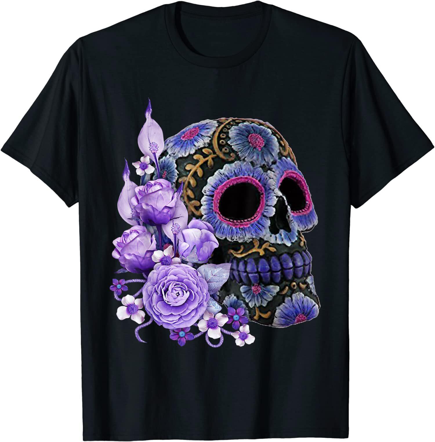

NEW LIMITED Purple Floral Black Sugar Skull Fun Gifts Tee T-Shirt S-5XL 5XL різнокольоровий