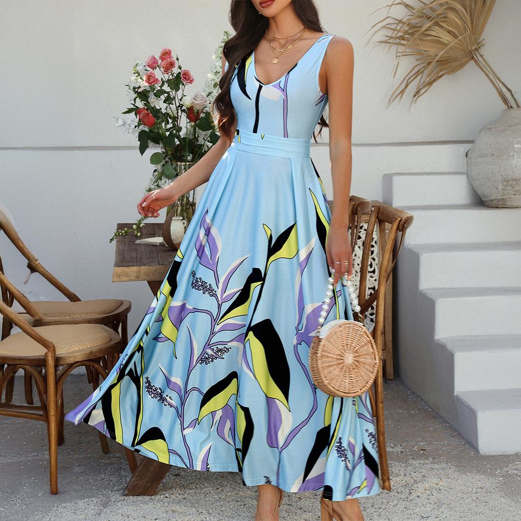 Women's Summer Casual Vacation Print Contrasting Color Sleeveless High Waist Dress