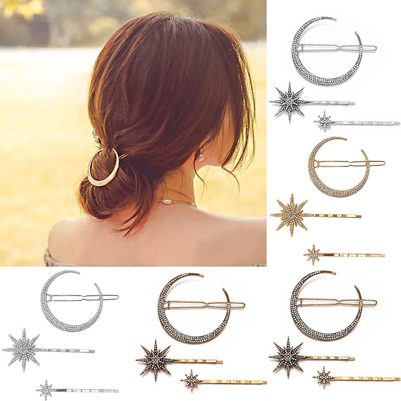 

Женский свадебный набор заколок для волос со звездой и луной, серебряная шпилька со стразами, золотые украшения для волос, женские винтажные украшения