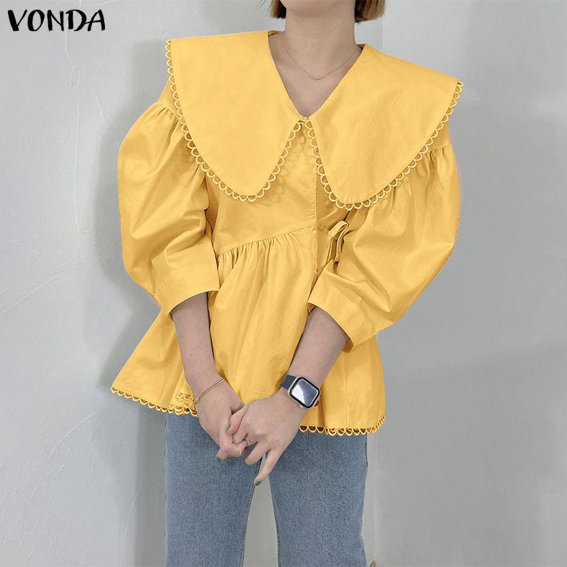 VONDA Women Casual Lapel Neck Solid Color Irregular Loose 3/4 Sleeve Blouse