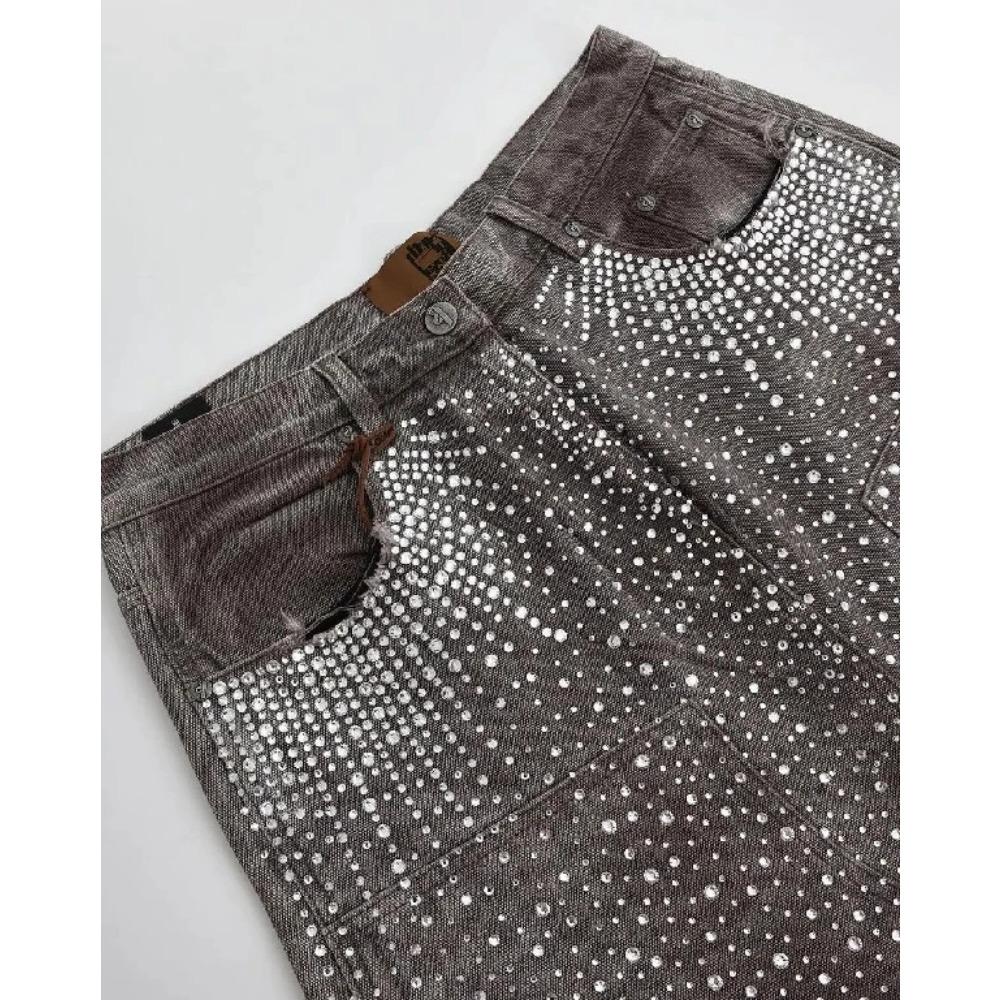 Streetwear Shorts Y2K Mens Womens Gothic Hip Hop Rhinestones Sequins Retro Baggy Jeans Denim Gym Shorts High Waist Casual Shorts