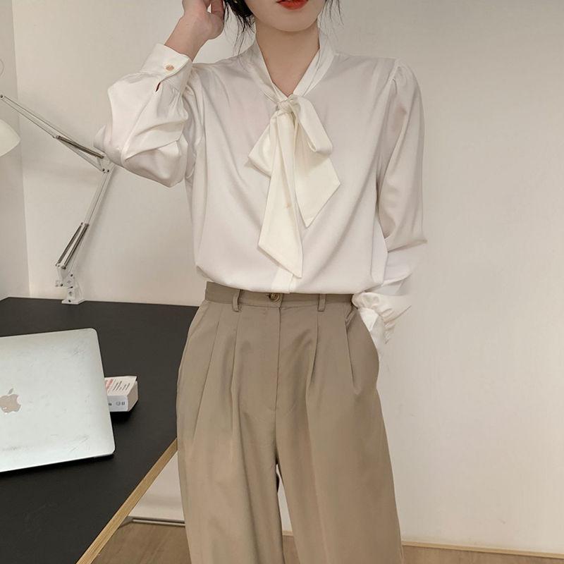 Schicke weiße Langarmbluse Damen Herbst Frühling Bürohemd Schleife Professionell Elegant Chiffon-Top Hohe Qualität