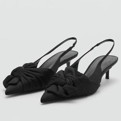Black Satin Pleated Bow Design High Heels Women Fashion Pointed Toe Kitten Heel Slingback Sandals Elegant Banquet Dress Shoes