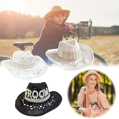 Chapéu de Cowboy Vazado para Noiva para Mulheres Chapéu de Palha Tecido à Mão de Verão Chapéu de Sol para Férias na Praia para Viagem ao Ar Livre