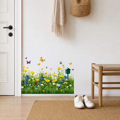 Self-Adhesive Wall Stickers, Green Grass Wall Corner Stickers, Flowers Butterflies Baseboard Skirting Line Wall Decals for Bedroom Living Room