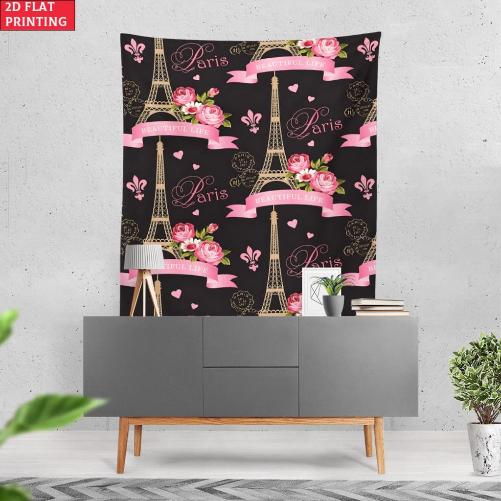 Paris Eiffel Tower Rose Pattern Wall Tapestry Romantic French Style Home Decor 2D Flat Printing