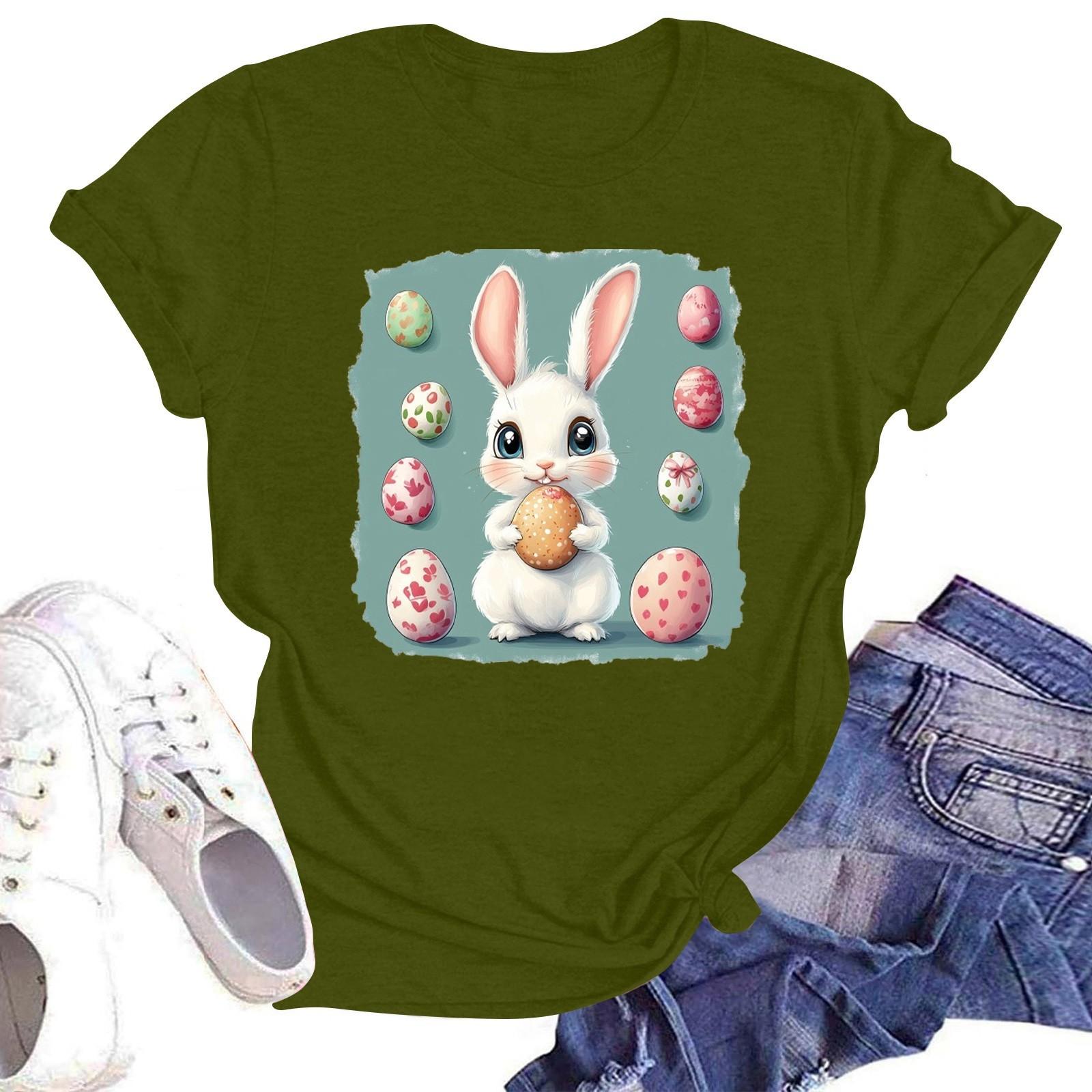 

Счастливой Пасхи женская мода принтованный круглый вырез короткий рукав футболка пуловер топ L армия зеленый