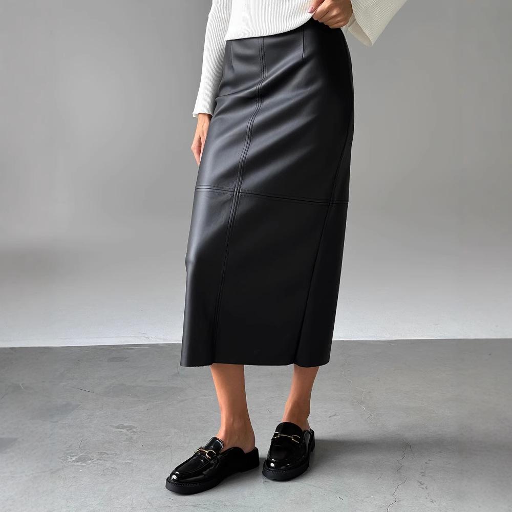 2024 Winter Women's High-Waisted PU Leather Bodycon Midi Skirt with Slit