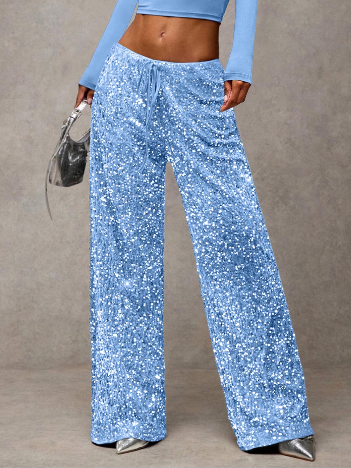 Cross-Border Sequin Drawstring Slimming Straight-Leg Women s Fashion Pants XXL