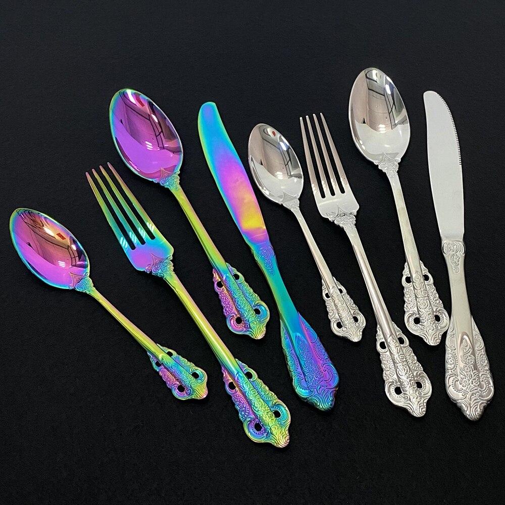 24Pcs Flatware Set Colorful Cutlery Set Stainless Steel Dinnerware Tableware Set Dinner for Home Kitchen Knife Fork Spoon Set Service for 6