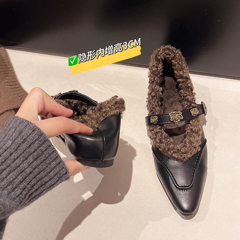 Women's shoes with fleece to keep warm Mary Jane women's shoes inner height increase single shoes women's 2025 autumn and winter new flat shoes fluffy